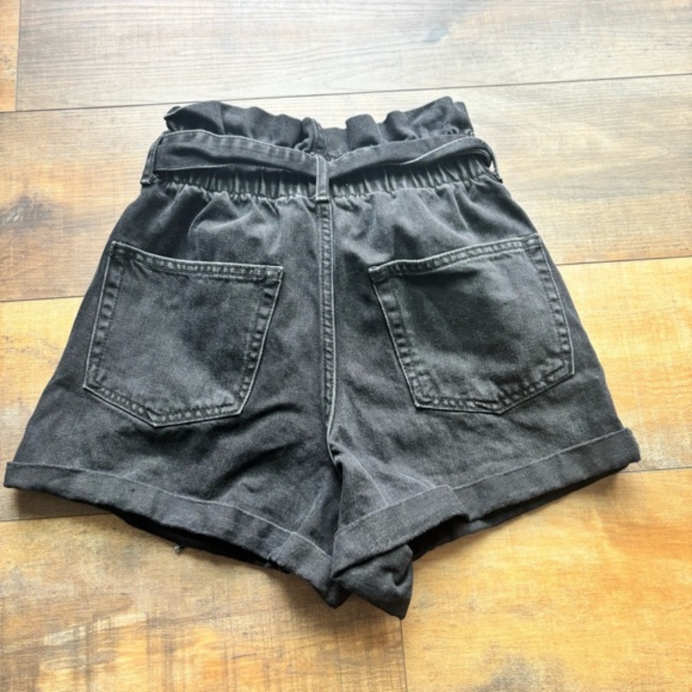 Zara High Rise Belted Paperbag Faded Black Jean Denim Short Size 00 - Picture 2 of 9